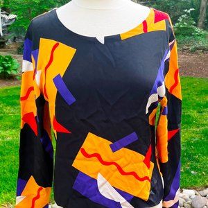 VINTAGE 1980s HENRY GRETHEL Silk Black Yellow Red Abstract Blouse Size 8 Matisse